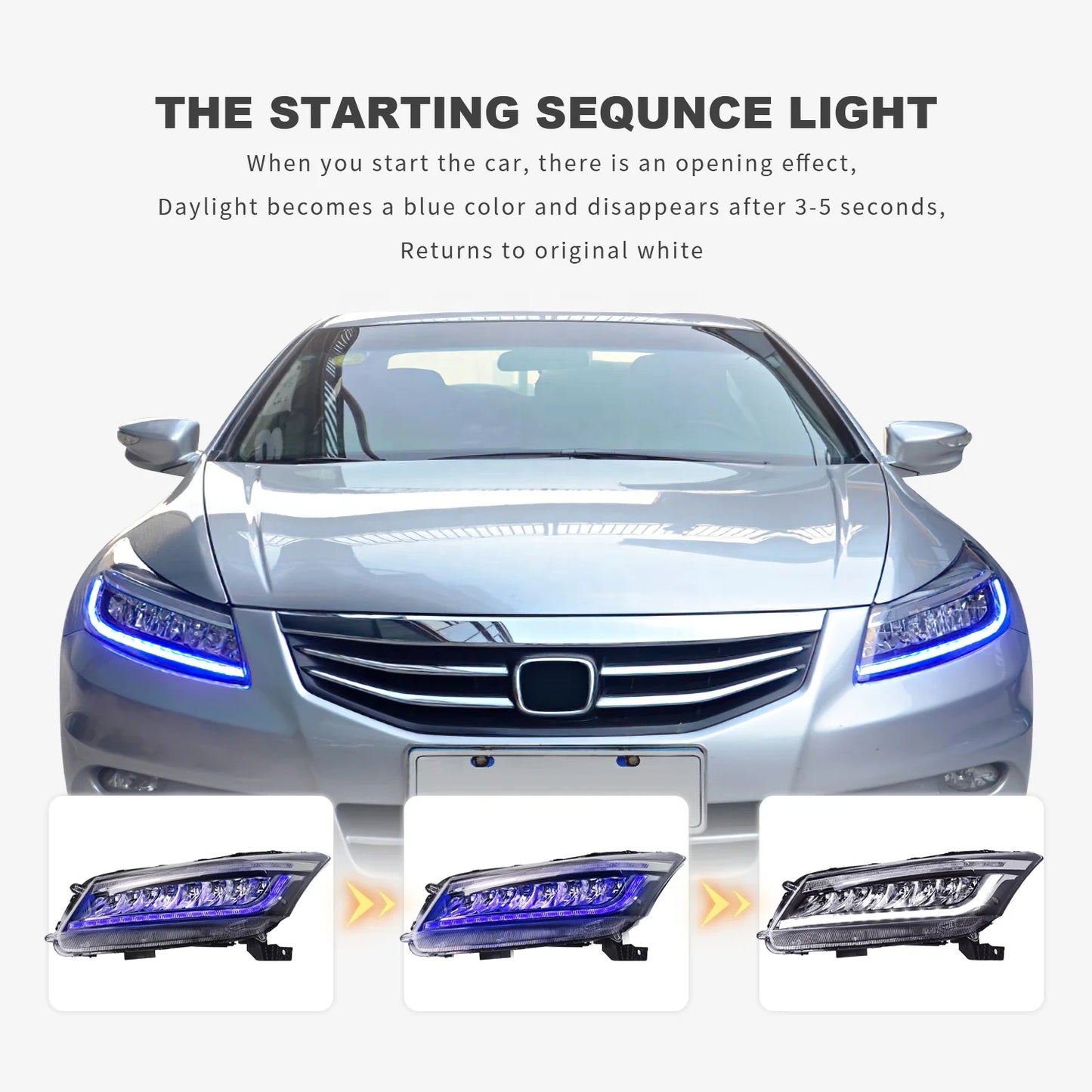 For honda accord auto front lamp with light from blue turn to white 2008-2012 full led headlamp for accord 8th headlights