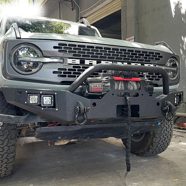 Ford BRONCO 2021 2023 Heavy Duty Mid-width Front Bumper with Winch Plate D-ring 2pcs LED Lights Textured Black Powder Finish