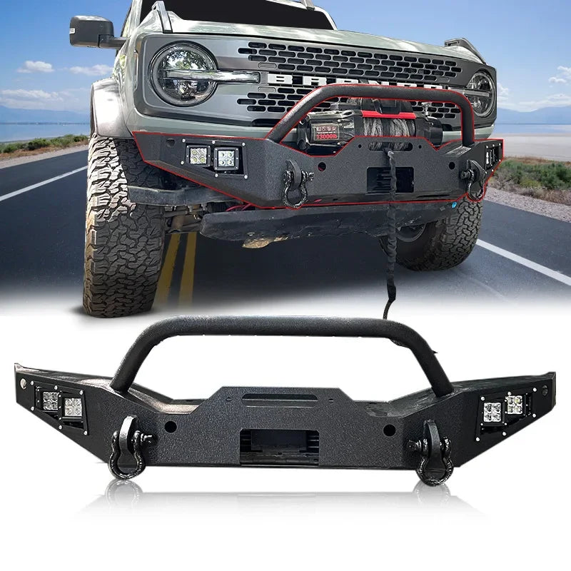 Ford BRONCO 2021 2023 Heavy Duty Mid-width Front Bumper with Winch Plate D-ring 2pcs LED Lights Textured Black Powder Finish