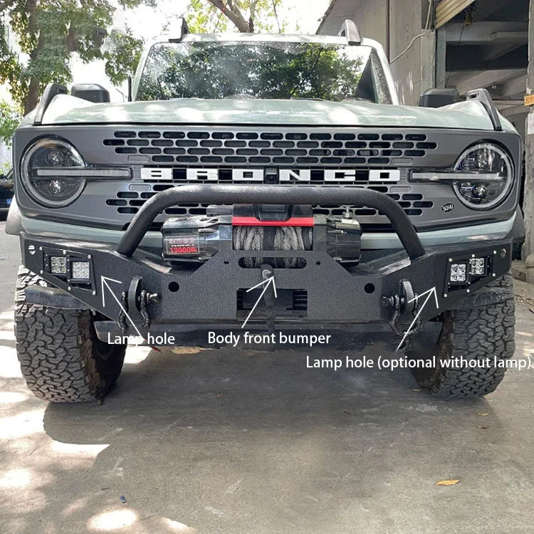 Ford BRONCO 2021 2023 Heavy Duty Mid-width Front Bumper with Winch Plate D-ring 2pcs LED Lights Textured Black Powder Finish