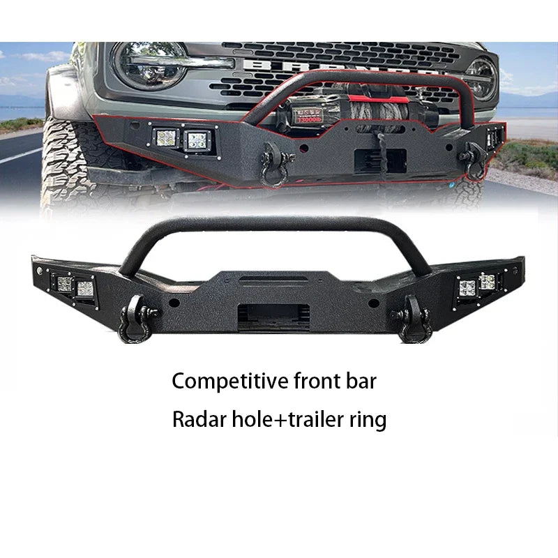 Ford BRONCO 2021 2023 Heavy Duty Mid-width Front Bumper with Winch Plate D-ring 2pcs LED Lights Textured Black Powder Finish