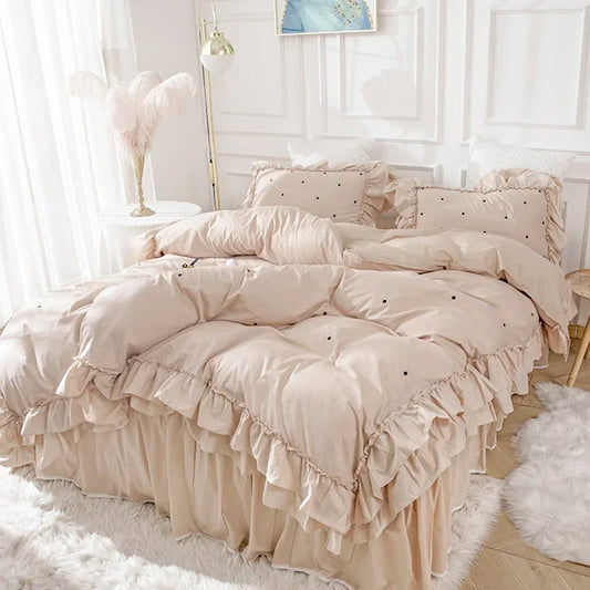 Four-Piece Set Light Luxury Flower Embroidery Cotton Home Textile Bedding Ruffled  Bed Skirt Heat Preservation Solid Color 1.8M