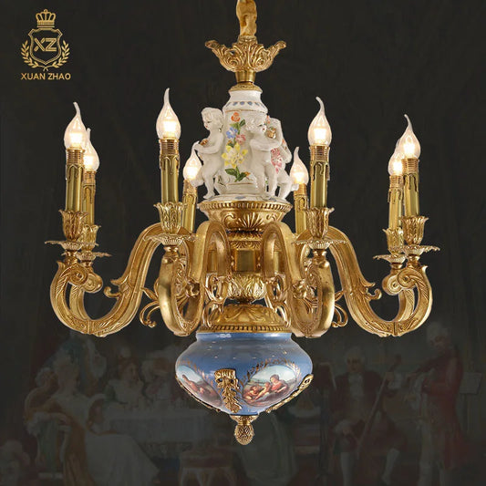 French All Copper Lamp European Palace Living Room Dining Room Ceramic Chandelier Luxury Atmosphere Villa Duplex Building Lamps