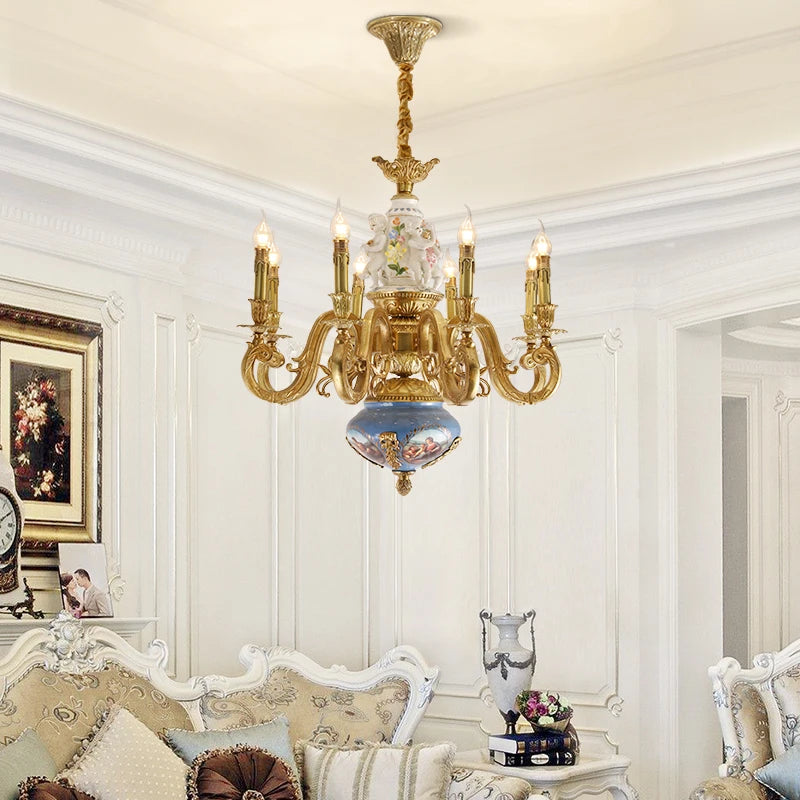 French All Copper Lamp European Palace Living Room Dining Room Ceramic Chandelier Luxury Atmosphere Villa Duplex Building Lamps