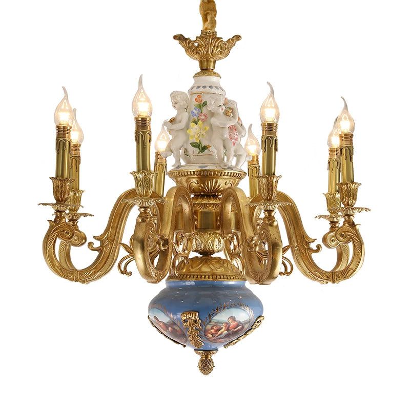 French All Copper Lamp European Palace Living Room Dining Room Ceramic Chandelier Luxury Atmosphere Villa Duplex Building Lamps