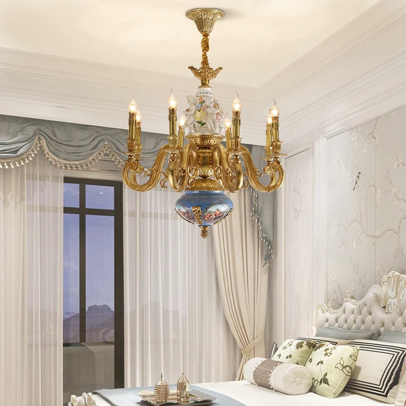 French All Copper Lamp European Palace Living Room Dining Room Ceramic Chandelier Luxury Atmosphere Villa Duplex Building Lamps