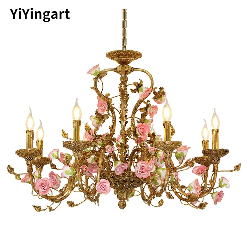 French Ceramic Flower Chandelier European bedroom creative romantic villa living room dining room copper pink