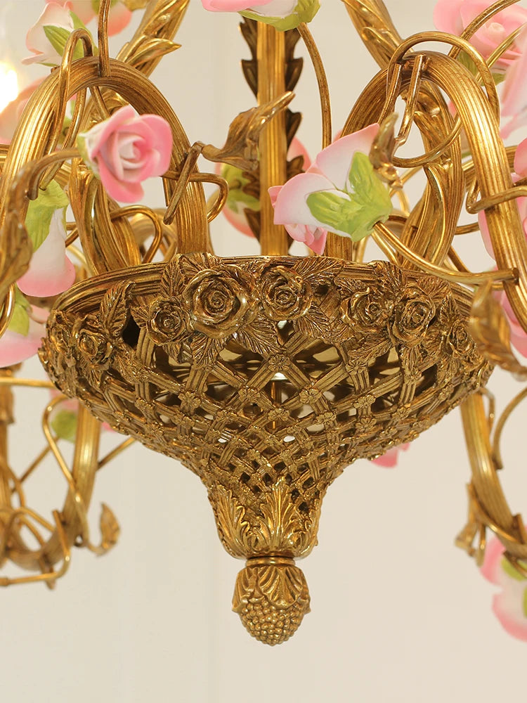 French Ceramic Flower Chandelier European bedroom creative romantic villa living room dining room copper pink