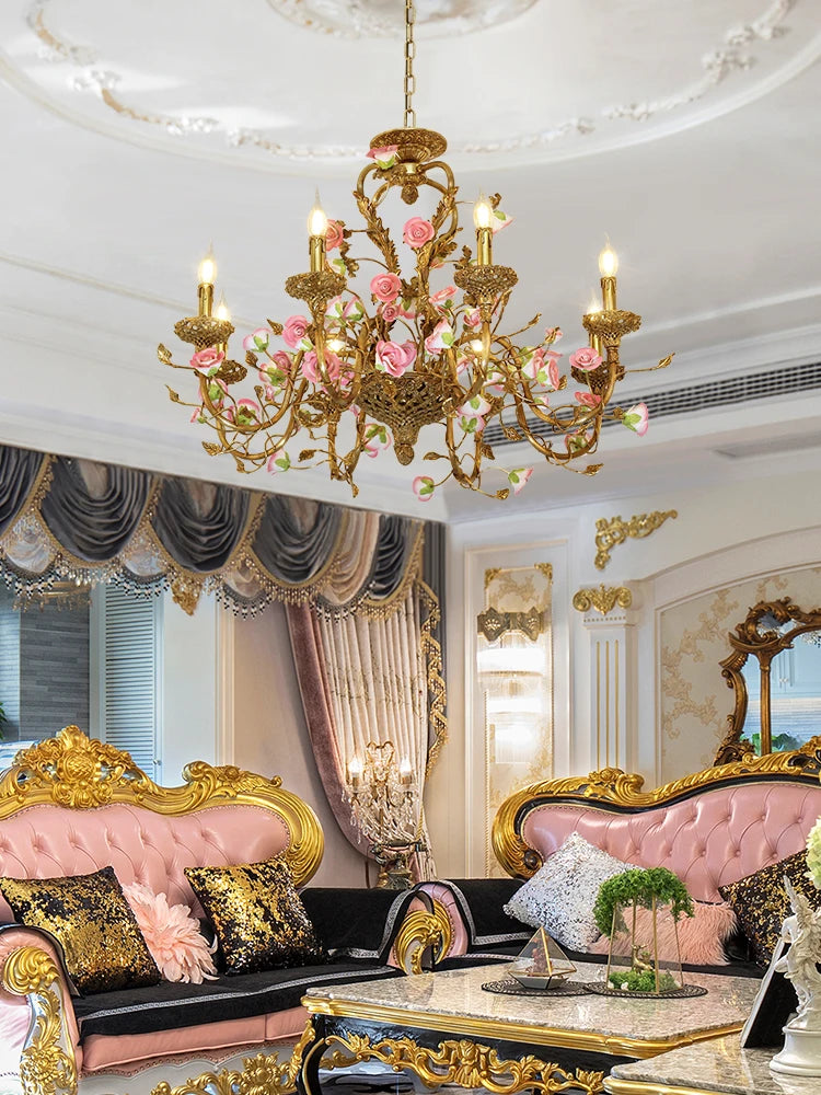 French Ceramic Flower Chandelier European bedroom creative romantic villa living room dining room copper pink