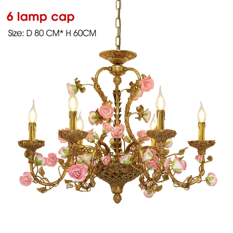 French Ceramic Flower Chandelier European bedroom creative romantic villa living room dining room copper pink