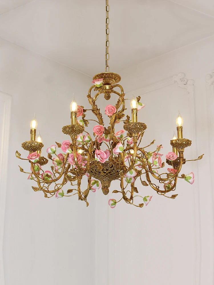 French Ceramic Flower Chandelier European bedroom creative romantic villa living room dining room copper pink
