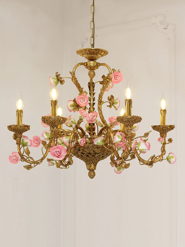 French Ceramic Flower Chandelier European bedroom creative romantic villa living room dining room copper pink