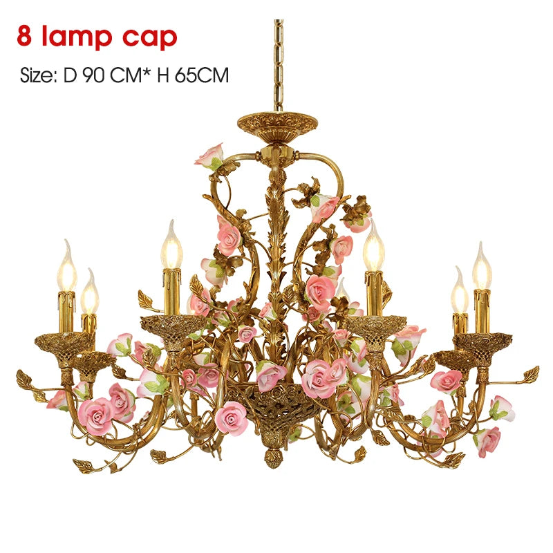 French Ceramic Flower Chandelier European bedroom creative romantic villa living room dining room copper pink