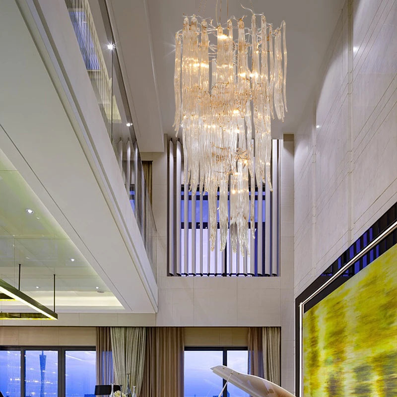 French Entry Lux Villa Long Chandelier Duplex Rotating Stair Light European Crystal Glass Atmospheric Hollow Living Room Lamps