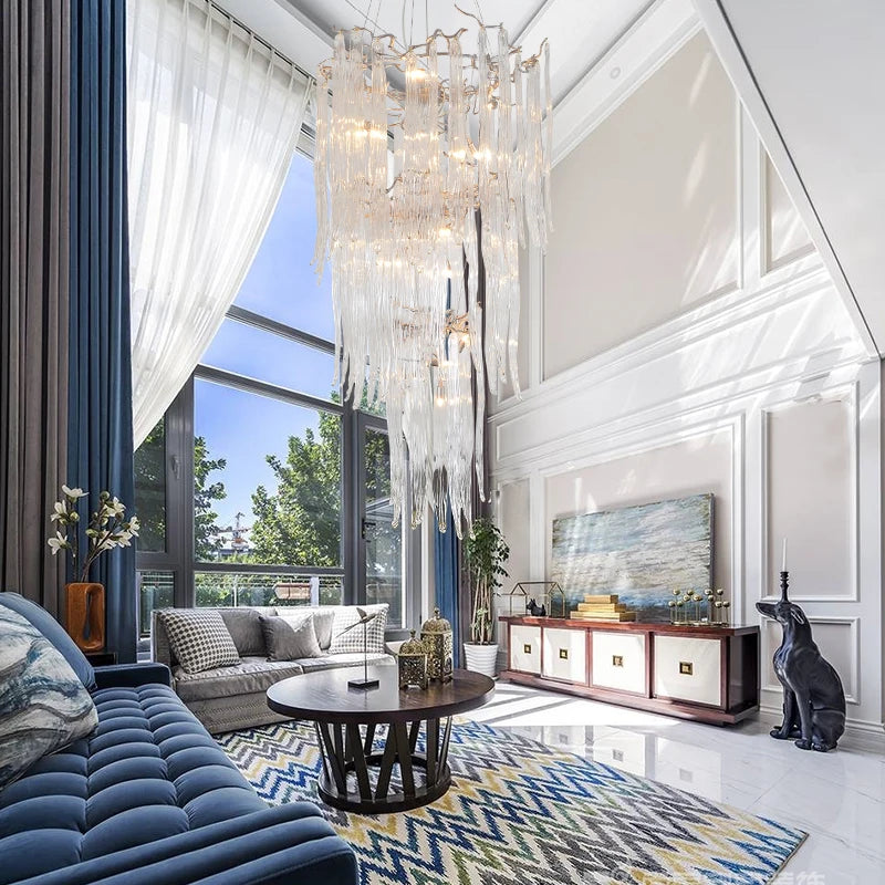 French Entry Lux Villa Long Chandelier Duplex Rotating Stair Light European Crystal Glass Atmospheric Hollow Living Room Lamps