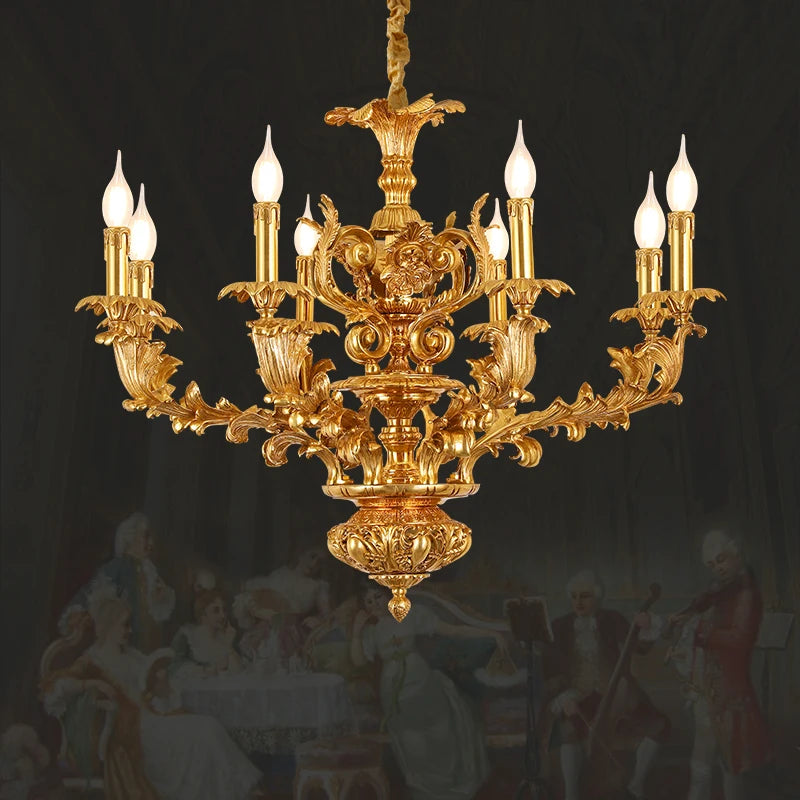 French Fancy Carved Brass Chandelier Luxury Villa Dining Room Bedroom Lamp European Copper Candle Pendant Lights