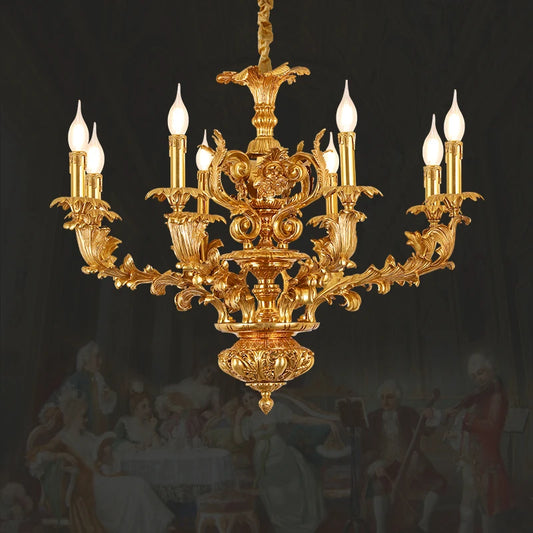 French Fancy Carved Brass Chandelier Luxury Villa Dining Room Bedroom Lamp European Copper Candle Pendant Lights