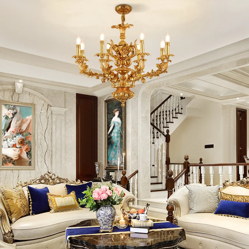 French Fancy Carved Brass Chandelier Luxury Villa Dining Room Bedroom Lamp European Copper Candle Pendant Lights