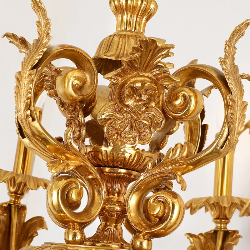 French Fancy Carved Brass Chandelier Luxury Villa Dining Room Bedroom Lamp European Copper Candle Pendant Lights