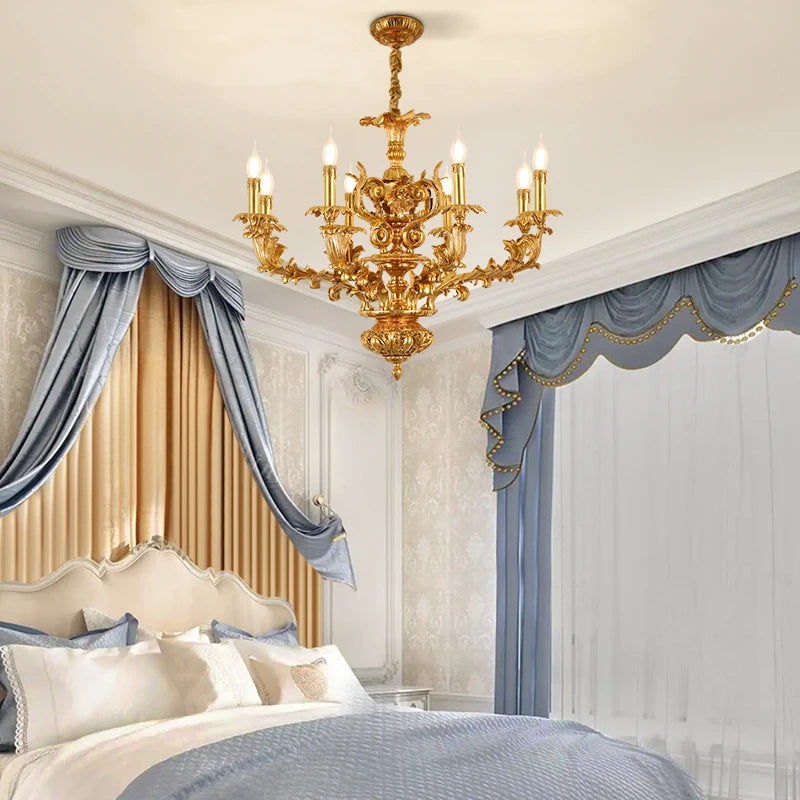 French Fancy Carved Brass Chandelier Luxury Villa Dining Room Bedroom Lamp European Copper Candle Pendant Lights