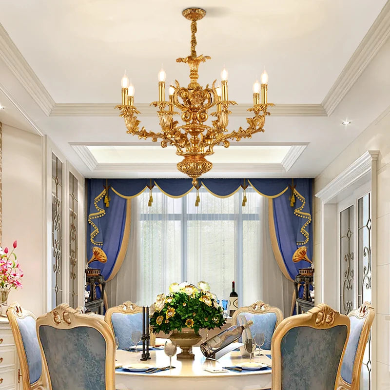 French Fancy Carved Brass Chandelier Luxury Villa Dining Room Bedroom Lamp European Copper Candle Pendant Lights