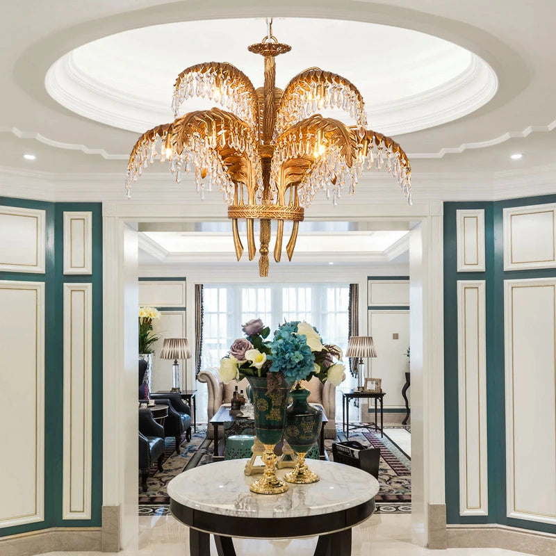 French Style Copper Chandelier Retro Living Room Bedroom Dining Room Crystal Lamp Luxury Villa Duplex Building