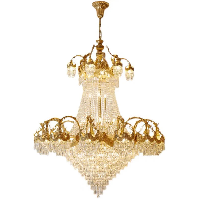 French Style Light Luxury Copper Branch Living Room Chandelier Luxurious Crown Villa Hanging Lamp Vintage Brass Luminaire LED