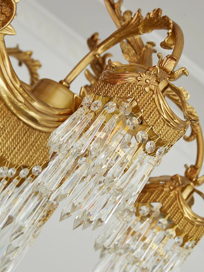 French Style Light Luxury Copper Branch Living Room Chandelier Luxurious Crown Villa Hanging Lamp Vintage Brass Luminaire LED