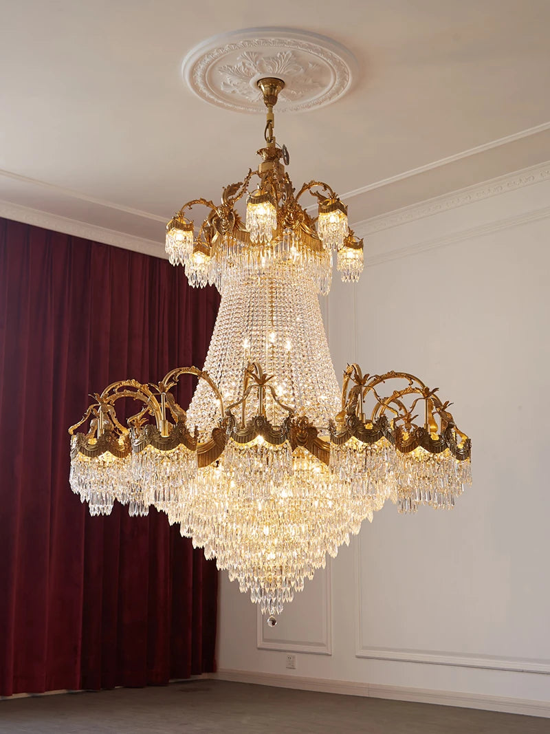 French Style Light Luxury Copper Branch Living Room Chandelier Luxurious Crown Villa Hanging Lamp Vintage Brass Luminaire LED