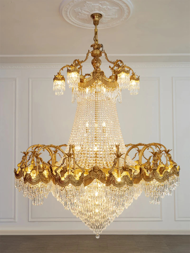 French Style Light Luxury Copper Branch Living Room Chandelier Luxurious Crown Villa Hanging Lamp Vintage Brass Luminaire LED