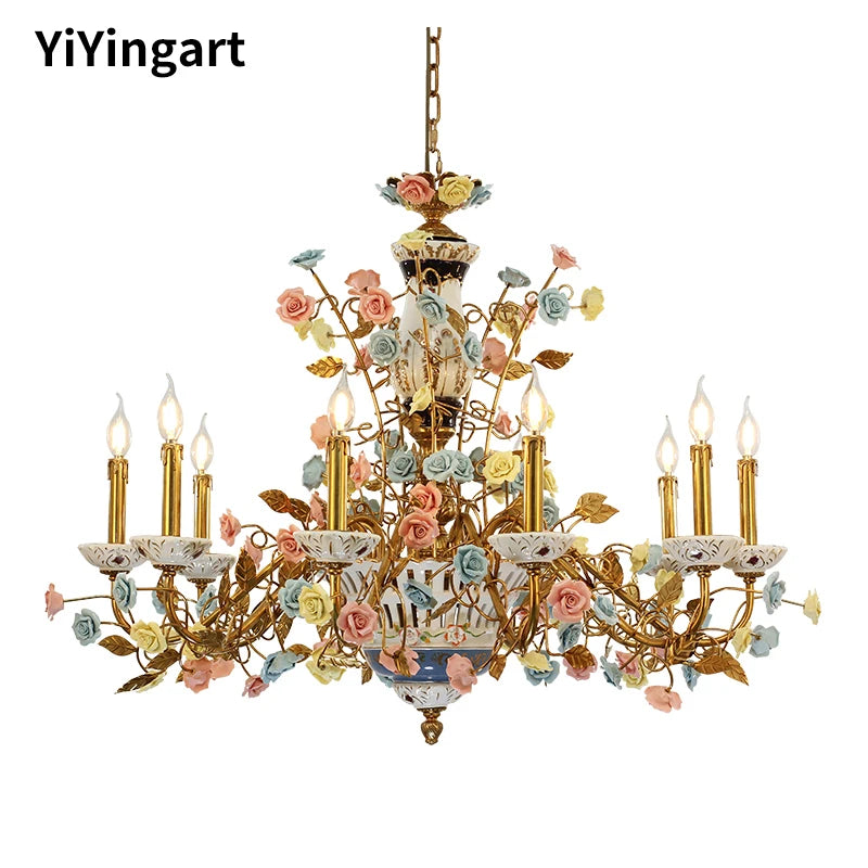 French all copper chandelier pastoral flowers European Ceramic villa living room bedroom creative lamps