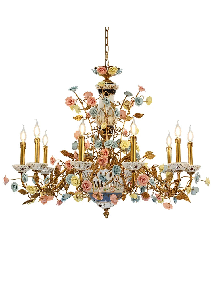 French all copper chandelier pastoral flowers European Ceramic villa living room bedroom creative lamps