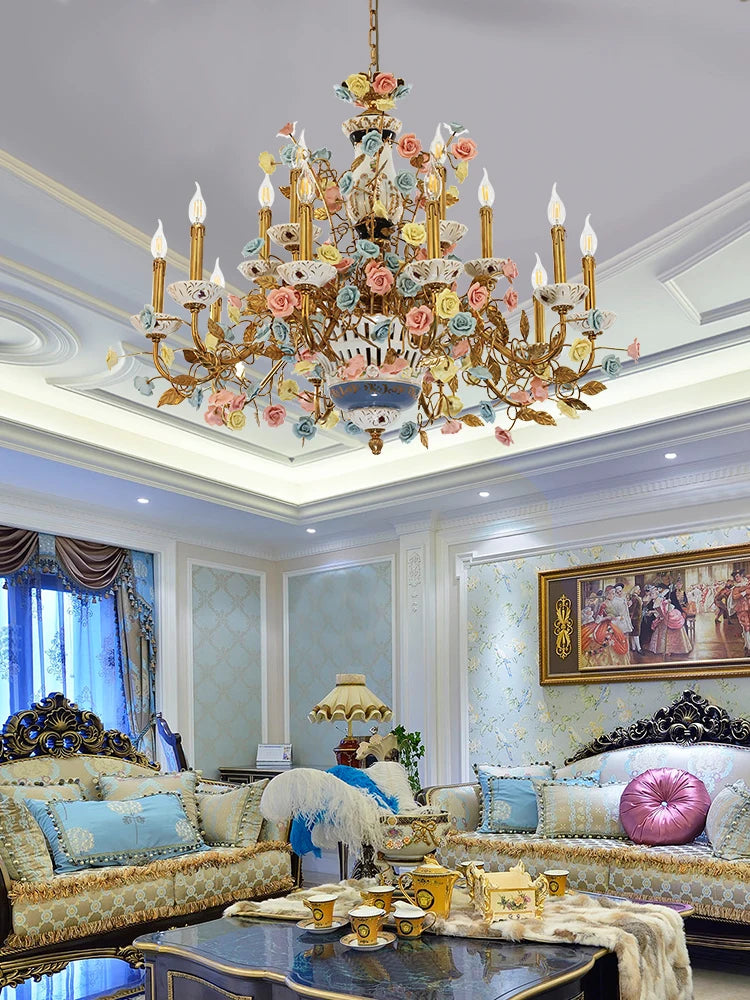 French all copper chandelier pastoral flowers European Ceramic villa living room bedroom creative lamps