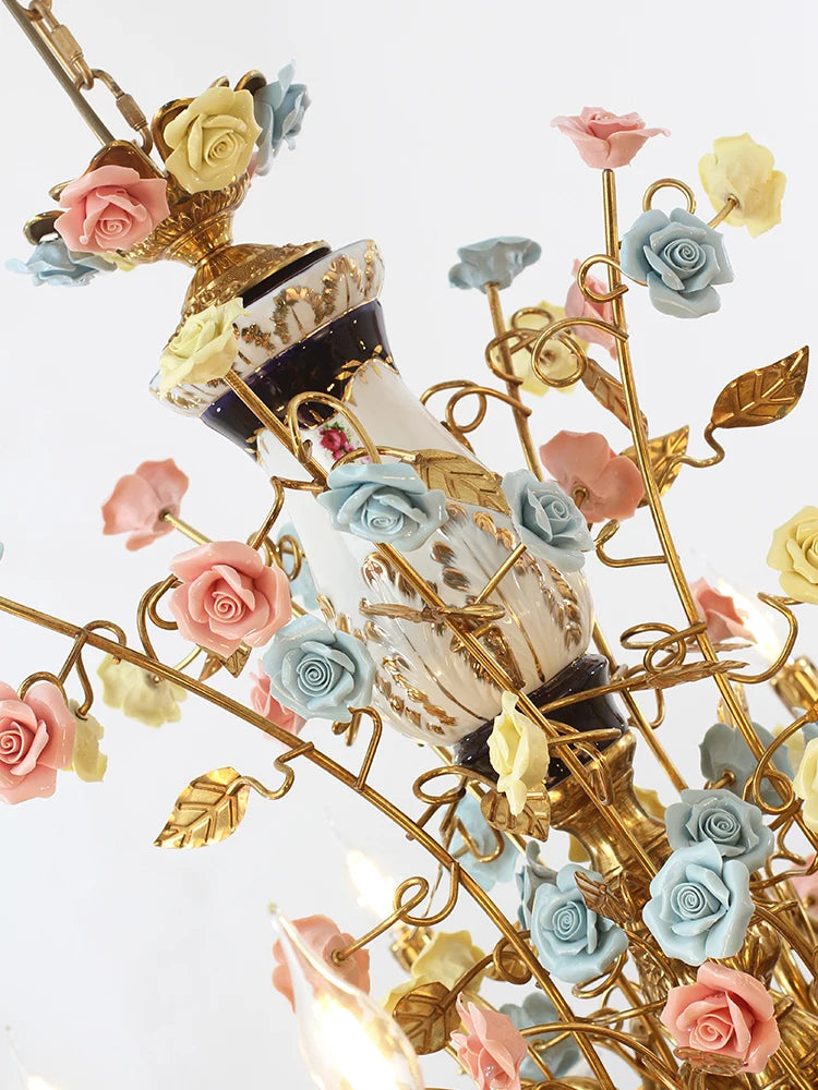French all copper chandelier pastoral flowers European Ceramic villa living room bedroom creative lamps