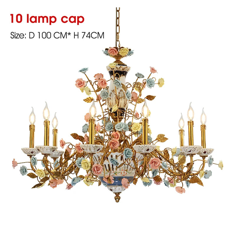 French all copper chandelier pastoral flowers European Ceramic villa living room bedroom creative lamps