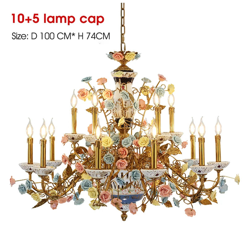French all copper chandelier pastoral flowers European Ceramic villa living room bedroom creative lamps