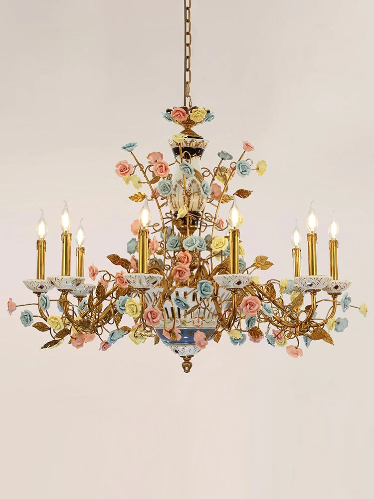 French all copper chandelier pastoral flowers European Ceramic villa living room bedroom creative lamps