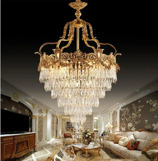 French copper crystal chandelier European living room villa entrance porch Nordic brass personality creative stair lamps