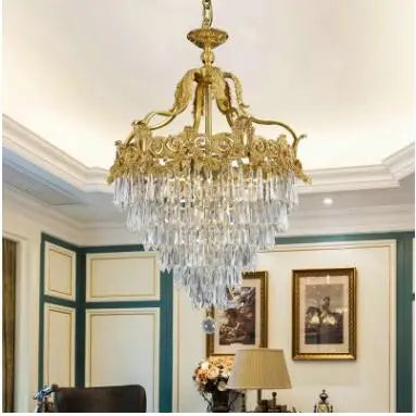 French copper crystal chandelier European living room villa entrance porch Nordic brass personality creative stair lamps