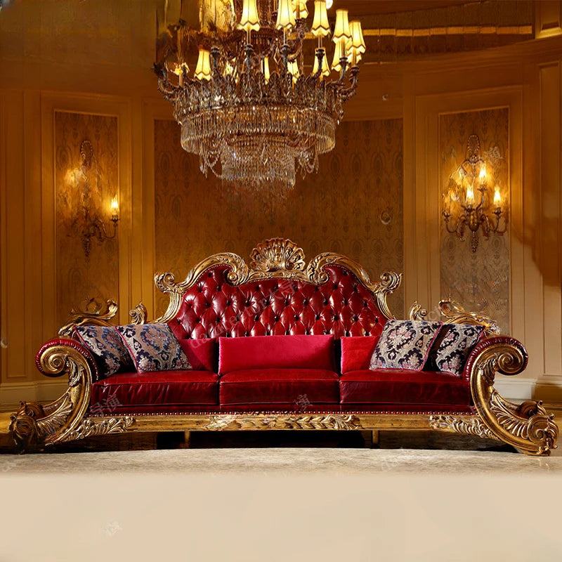 French court sofa, villa, living room, luxurious solid wood carving, luxury furniture, gold foil, European style leather sofa