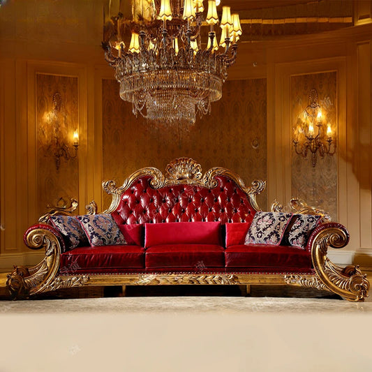 French court sofa, villa, living room, luxurious solid wood carving, luxury furniture, gold foil, European style leather sofa