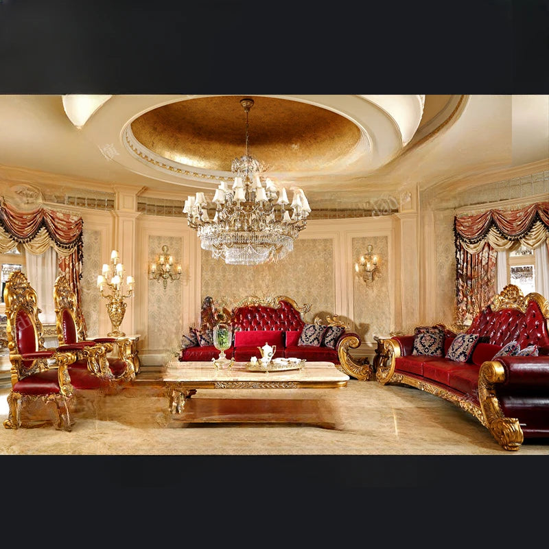 French court sofa, villa, living room, luxurious solid wood carving, luxury furniture, gold foil, European style leather sofa