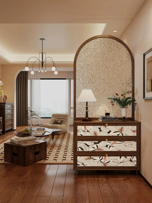 French light luxury water grain glass screen, entrance door partition, living room, dining room, solid wood design, shoe cabinet