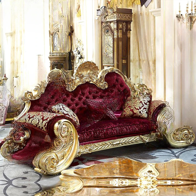 French luxury carved solid wood sofa villa palace gold foil sofa European living room fabric sofa furniture customization