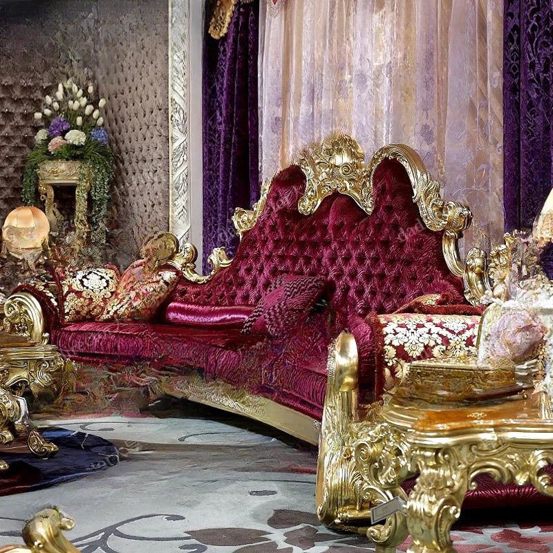 French luxury carved solid wood sofa villa palace gold foil sofa European living room fabric sofa furniture customization