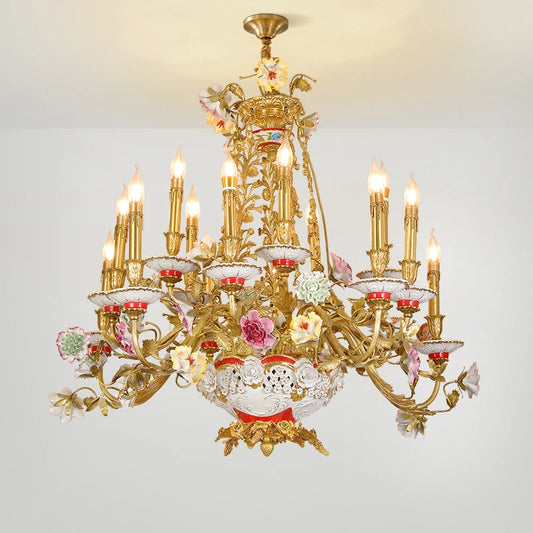 French luxury copper lamp all copper ceramic living room bedroom dining room villa pastoral pure copper romantic Chandelier