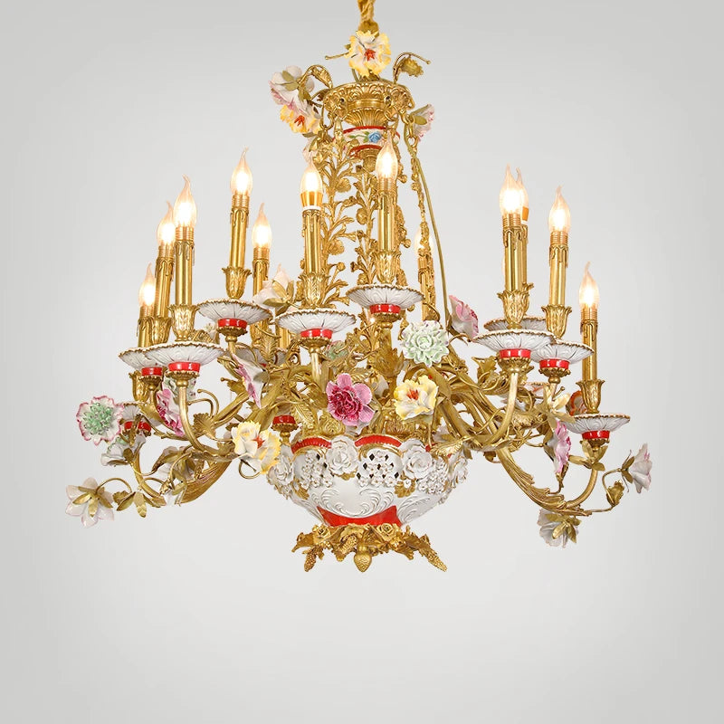 French luxury copper lamp all copper ceramic living room bedroom dining room villa pastoral pure copper romantic Chandelier