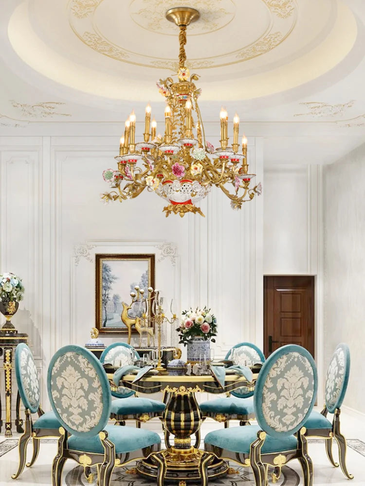 French luxury copper lamp all copper ceramic living room bedroom dining room villa pastoral pure copper romantic Chandelier