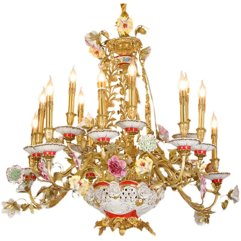 French luxury copper lamp all copper ceramic living room bedroom dining room villa pastoral pure copper romantic Chandelier