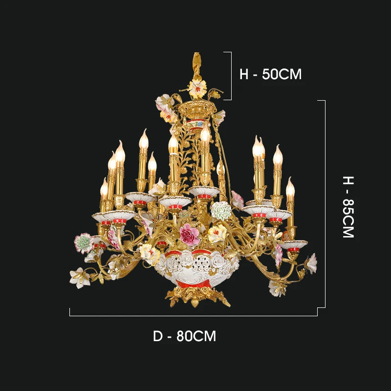 French luxury copper lamp all copper ceramic living room bedroom dining room villa pastoral pure copper romantic Chandelier